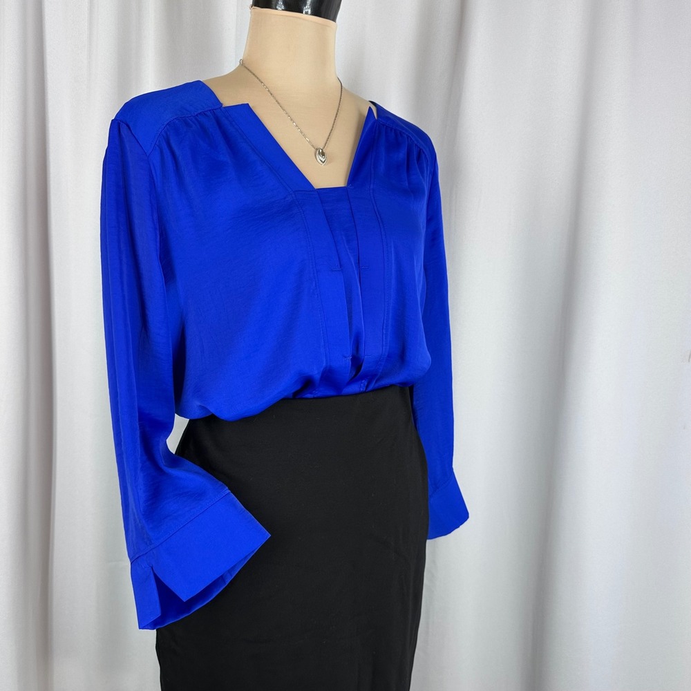 Renuar Blue Tunic Blouse L Pleated Front 3/4 Sleeve Flowy Top Cobalt Notch